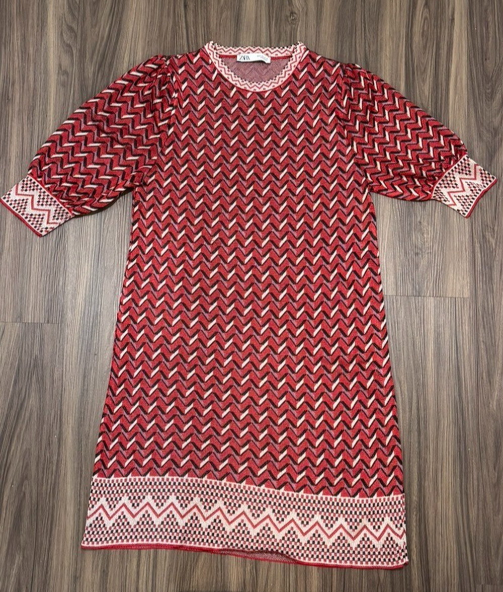ZARA Zig Zag Knit Mini Red Black Dress - Women's Size S